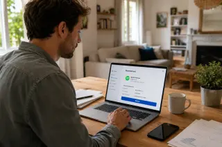 Person sitting at a wooden desk in a bright living room, about to cancel an online subscription through a laptop interface, with a mug and papers nearby.