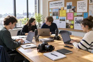 Salle de rédaction avec jeunes adultes travaillant sur ordinateurs, ambiance collaborative et studieuse, matériel journalistique sur une table en bois, lumière naturelle
