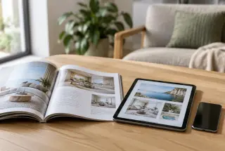 Magazine papier ouvert et tablette affichant une publication numérique sur une table éclairée par la lumière naturelle.